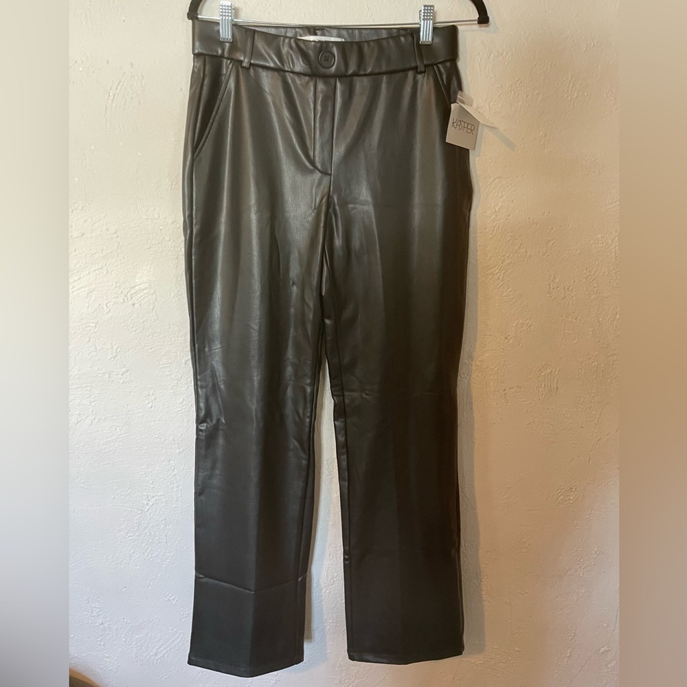 Kasper Black Faux Leather Pants with Button Front- New